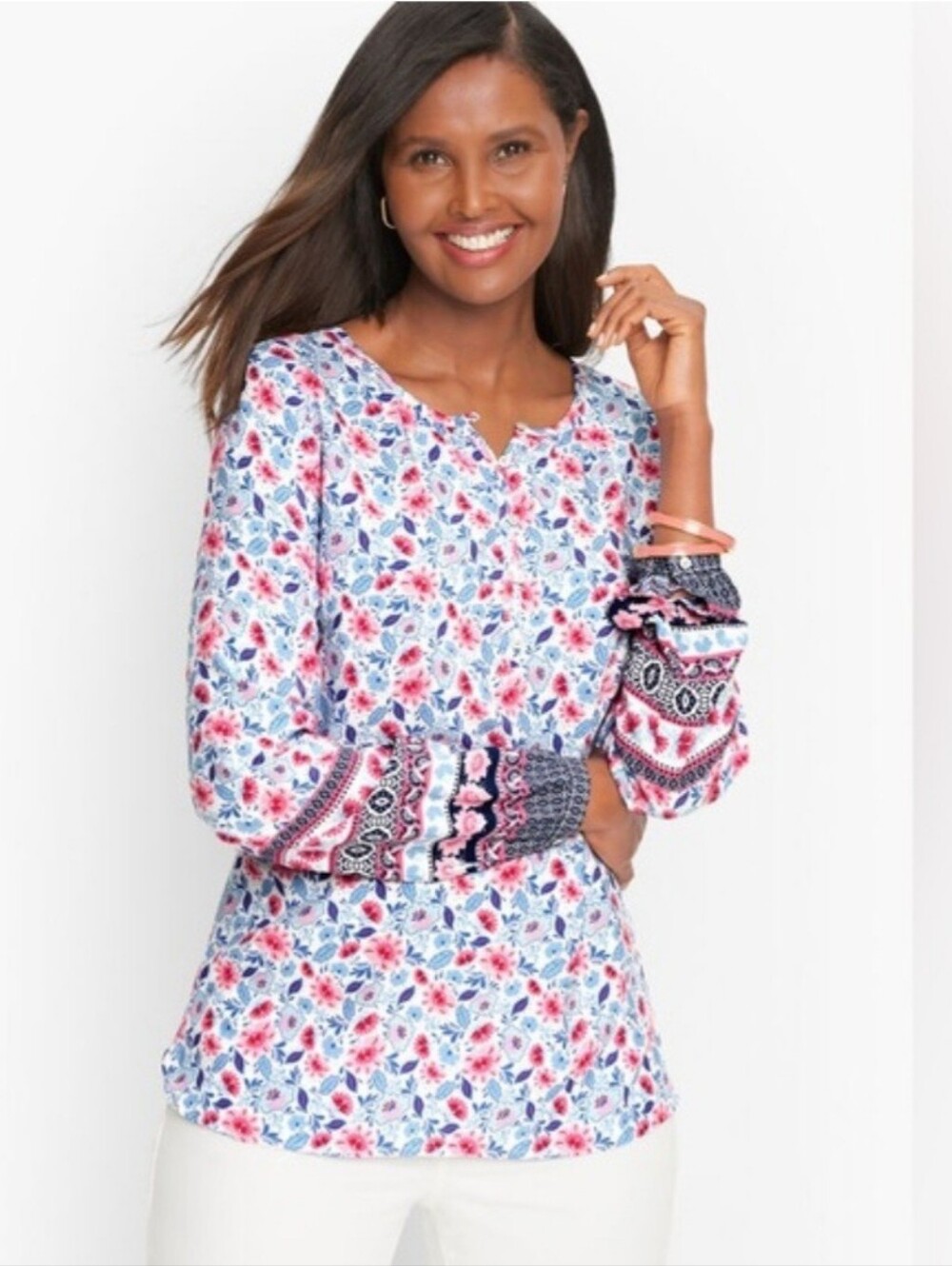 Talbots Floral Long Sleeve Blouse Red White Blue